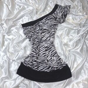 y2k Top Zebra Excellent One Shoulder Ruffle Animal Print Blouse 10864